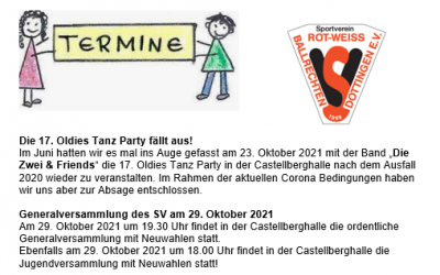Oldies Party fällt aus! Generalversammlung 29. Oktober!